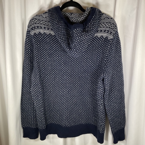 JCrew Mercantile Lambs Wool Blend Hoodie Men’s Large Blue Fair Isle Winter Warm - Picture 4 of 6